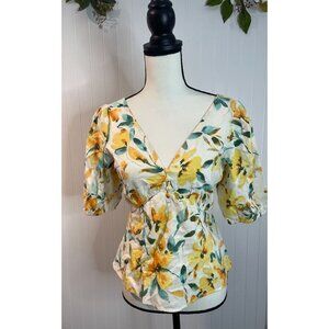Gap Womens Floral V-Neck Blouse Size XXS Linen & Rayon